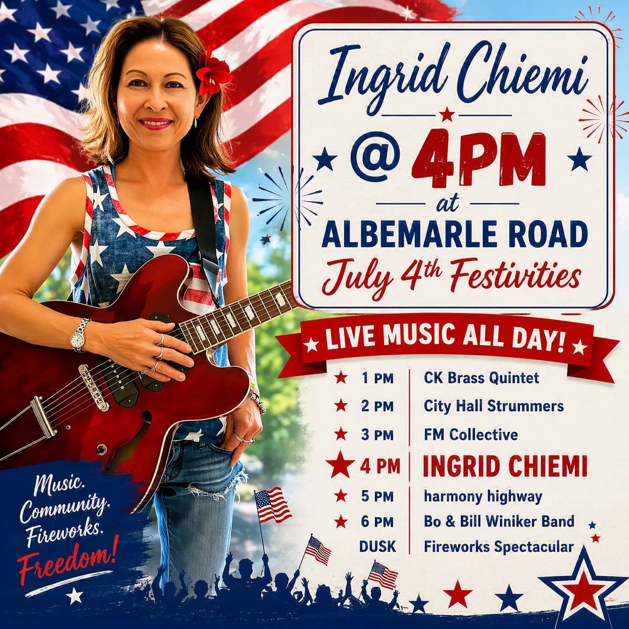 July 4th Live Music Including Ingrid Chiemi at the Albemarle Road Festivities